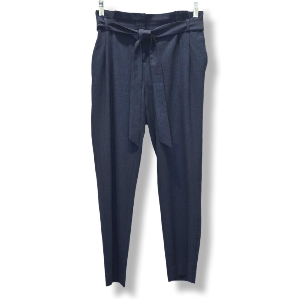 LOFT Petite Navy Paperbag Tie Waist Relaxed Fit Straight Tapered Leg Pants - Picture 3 of 7